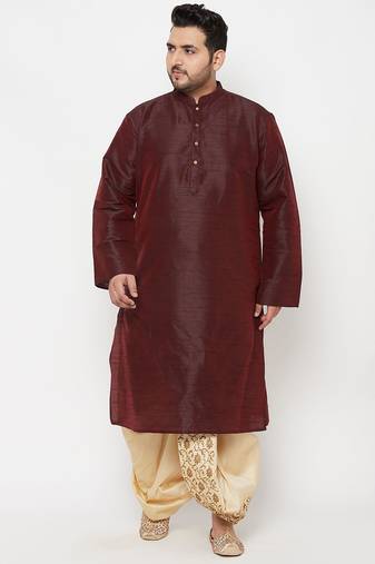 Men's wine and gold silk blend kurta and dhoti set