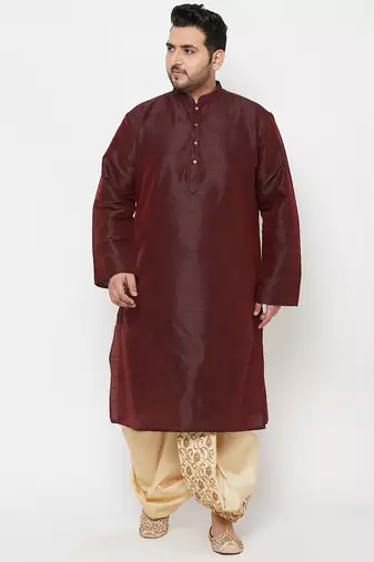 Men's wine and gold silk blend kurta and dhoti set