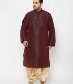 Men's wine and gold silk blend kurta and dhoti set