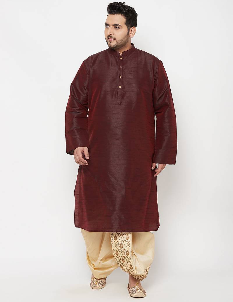 Men's wine and gold silk blend kurta and dhoti set