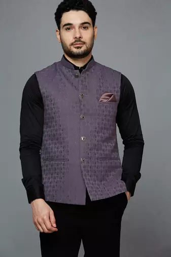 Men lavender ethnic motif jacquard nehru jacket