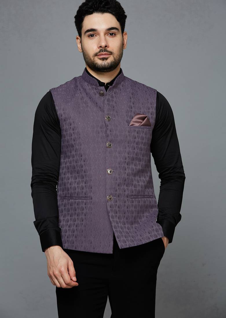 Men lavender ethnic motif jacquard nehru jacket