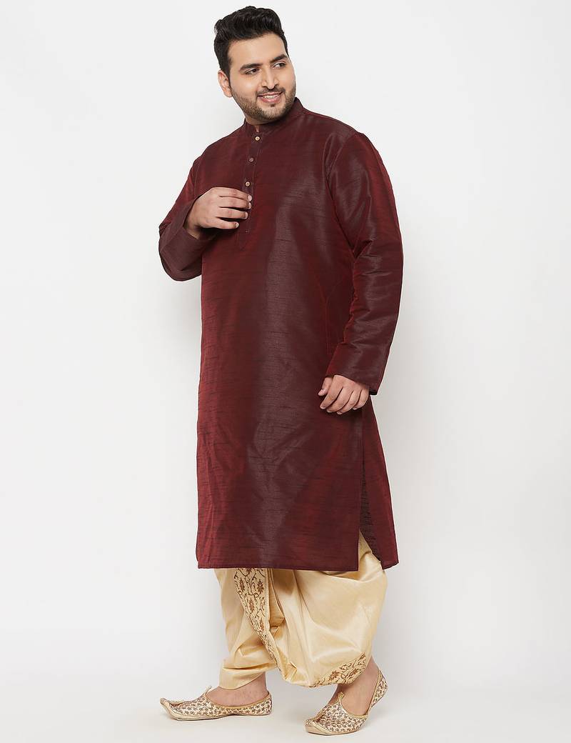 Men's wine and gold silk blend kurta and dhoti set