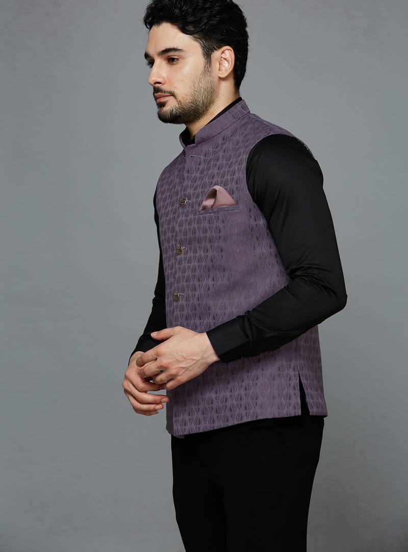 Men lavender ethnic motif jacquard nehru jacket