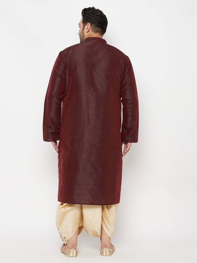 Men's wine and gold silk blend kurta and dhoti set