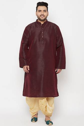 Men's wine and gold silk blend kurta and dhoti set