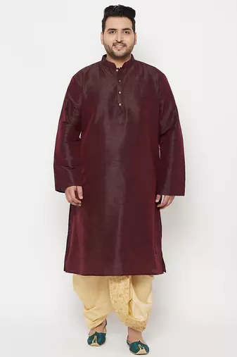 Men's wine and gold silk blend kurta and dhoti set
