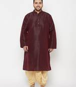 Men's wine and gold silk blend kurta and dhoti set
