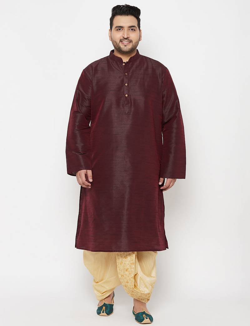 Men's wine and gold silk blend kurta and dhoti set