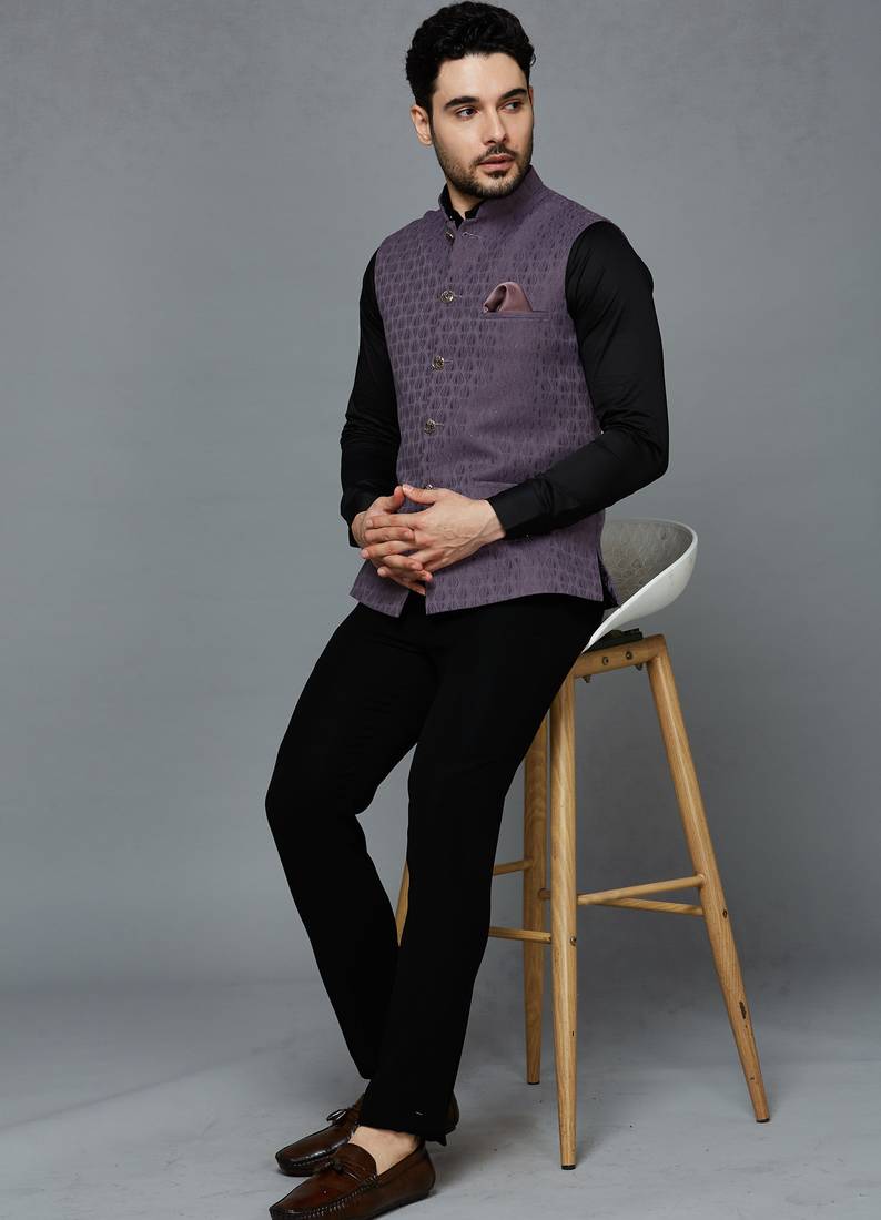 Men lavender ethnic motif jacquard nehru jacket