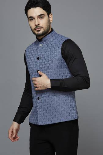 greyish blue ethnic motif jacquard nehru jacket