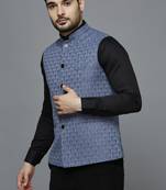 greyish blue ethnic motif jacquard nehru jacket
