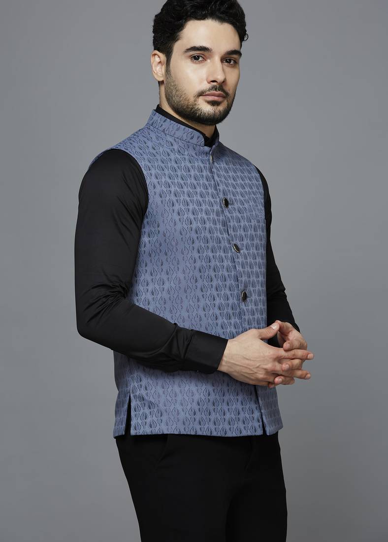 Men greyish blue ethnic motif jacquard nehru jacket