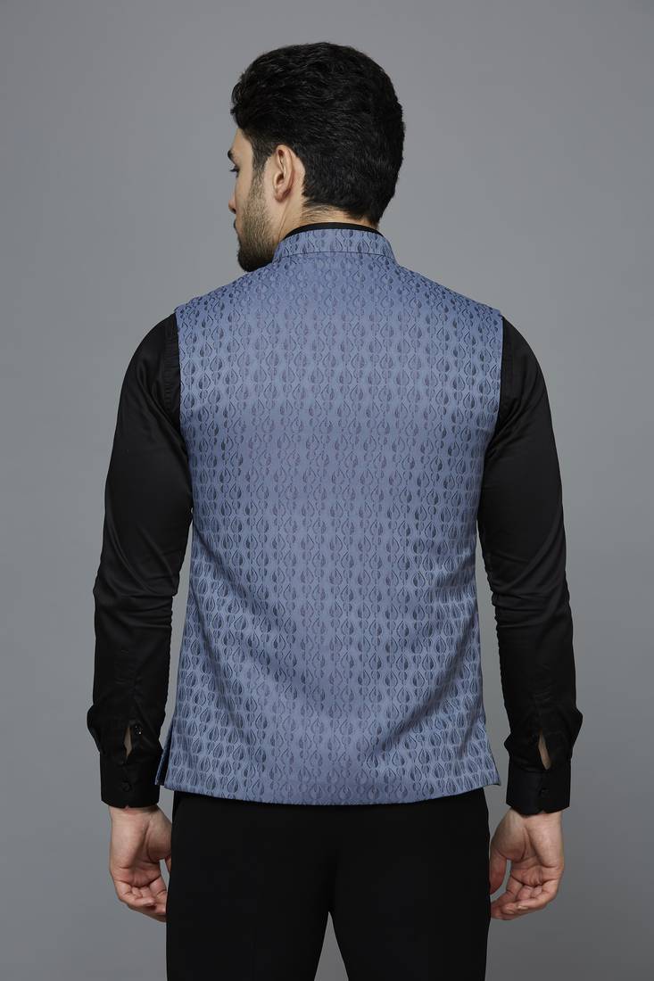 Men greyish blue ethnic motif jacquard nehru jacket