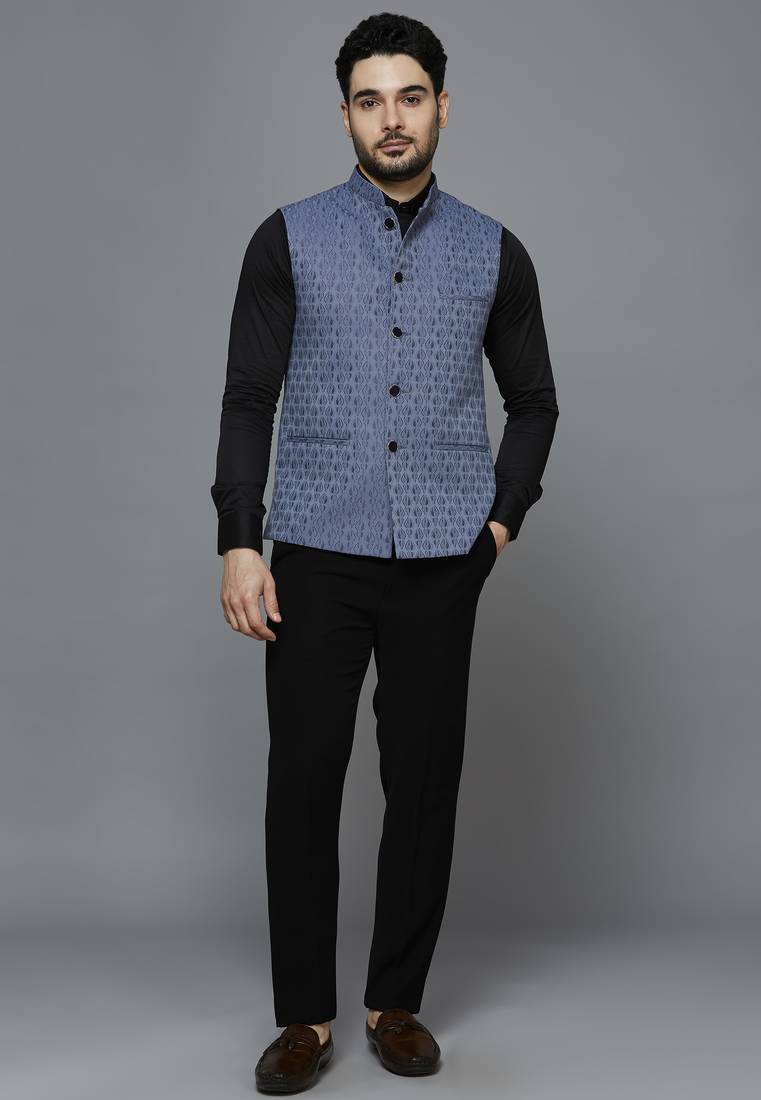 Men greyish blue ethnic motif jacquard nehru jacket