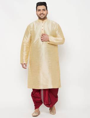 Men's gold and maroon silk blend kurta and dhoti set 1