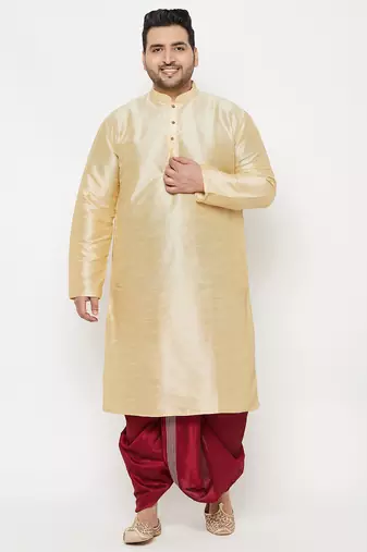 Men's gold and maroon silk blend kurta and dhoti set