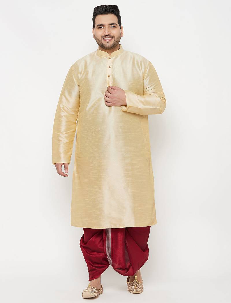 Men's gold and maroon silk blend kurta and dhoti set