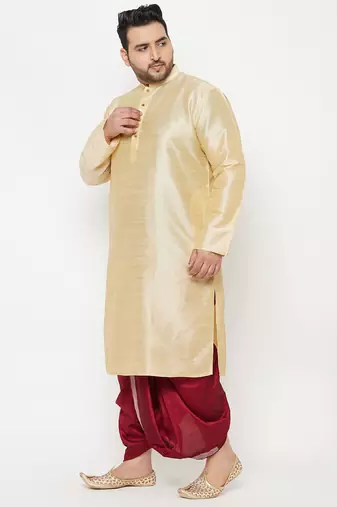 Men's gold and maroon silk blend kurta and dhoti set