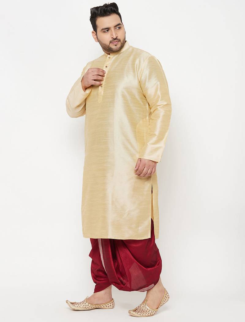 Men's gold and maroon silk blend kurta and dhoti set