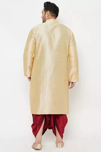 Men's gold and maroon silk blend kurta and dhoti set