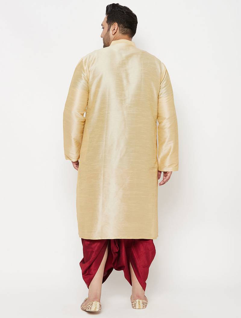 Men's gold and maroon silk blend kurta and dhoti set