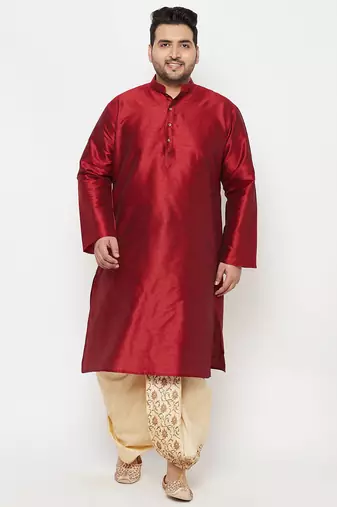 Men's maroon and gold silk blend kurta and dhoti set