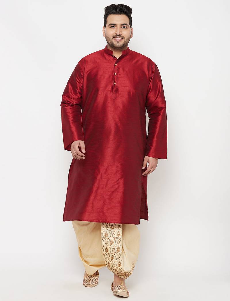 Men's maroon and gold silk blend kurta and dhoti set