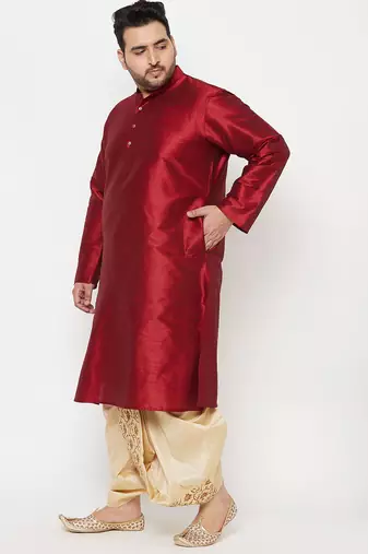 Men's maroon and gold silk blend kurta and dhoti set