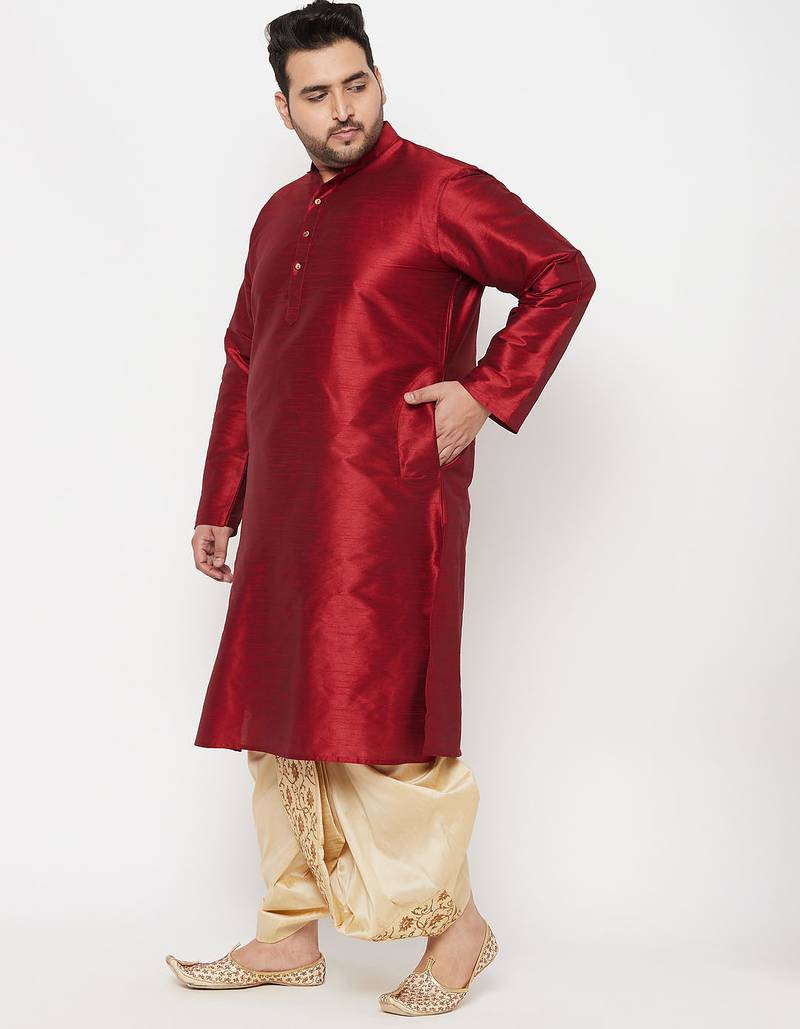 Men's maroon and gold silk blend kurta and dhoti set