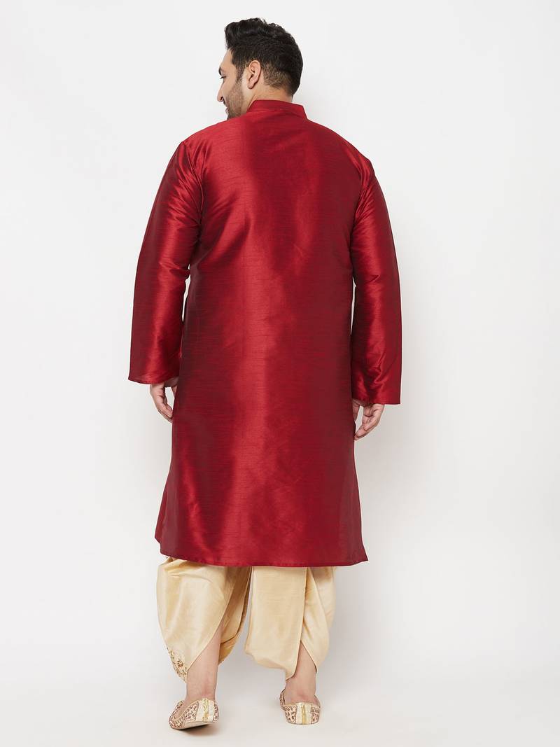 Men's maroon and gold silk blend kurta and dhoti set