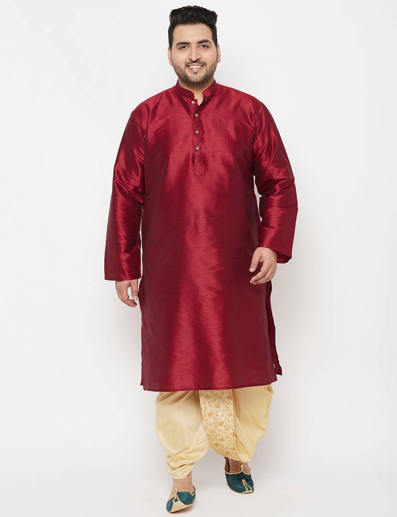 Men's maroon and gold silk blend kurta and dhoti set