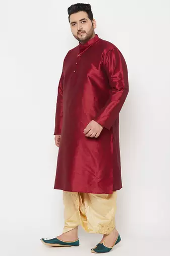 Men's maroon and gold silk blend kurta and dhoti set