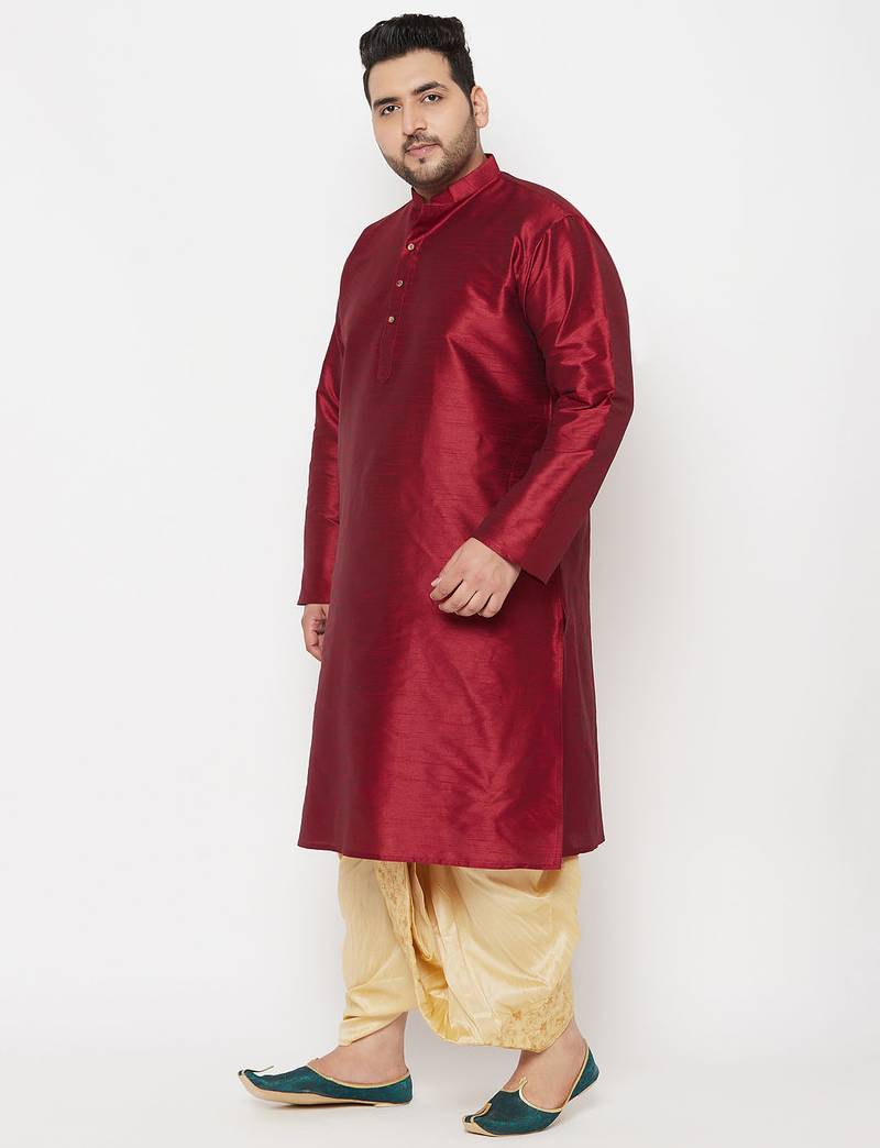 Men's maroon and gold silk blend kurta and dhoti set
