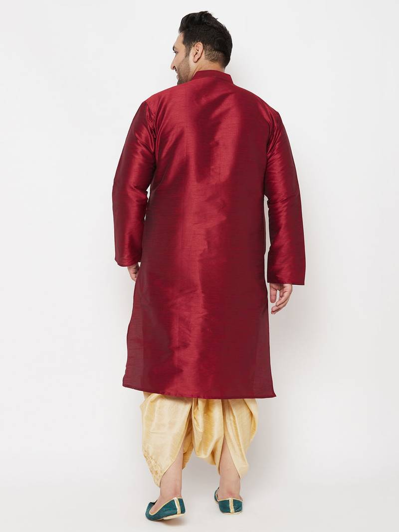 Men's maroon and gold silk blend kurta and dhoti set