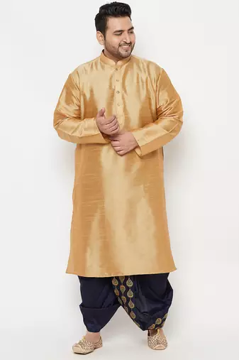 Men's rose gold and navy blue silk blend kurta and dhoti set