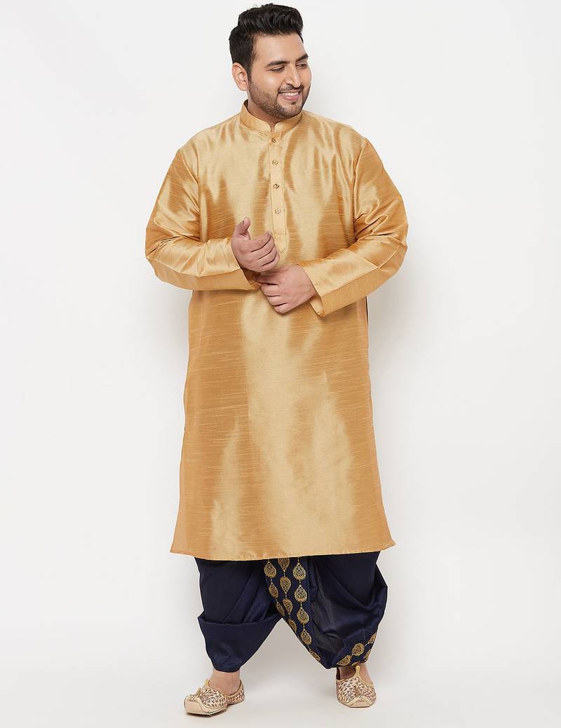 Men's rose gold and navy blue silk blend kurta and dhoti set