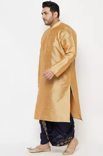 Men's rose gold and navy blue silk blend kurta and dhoti set