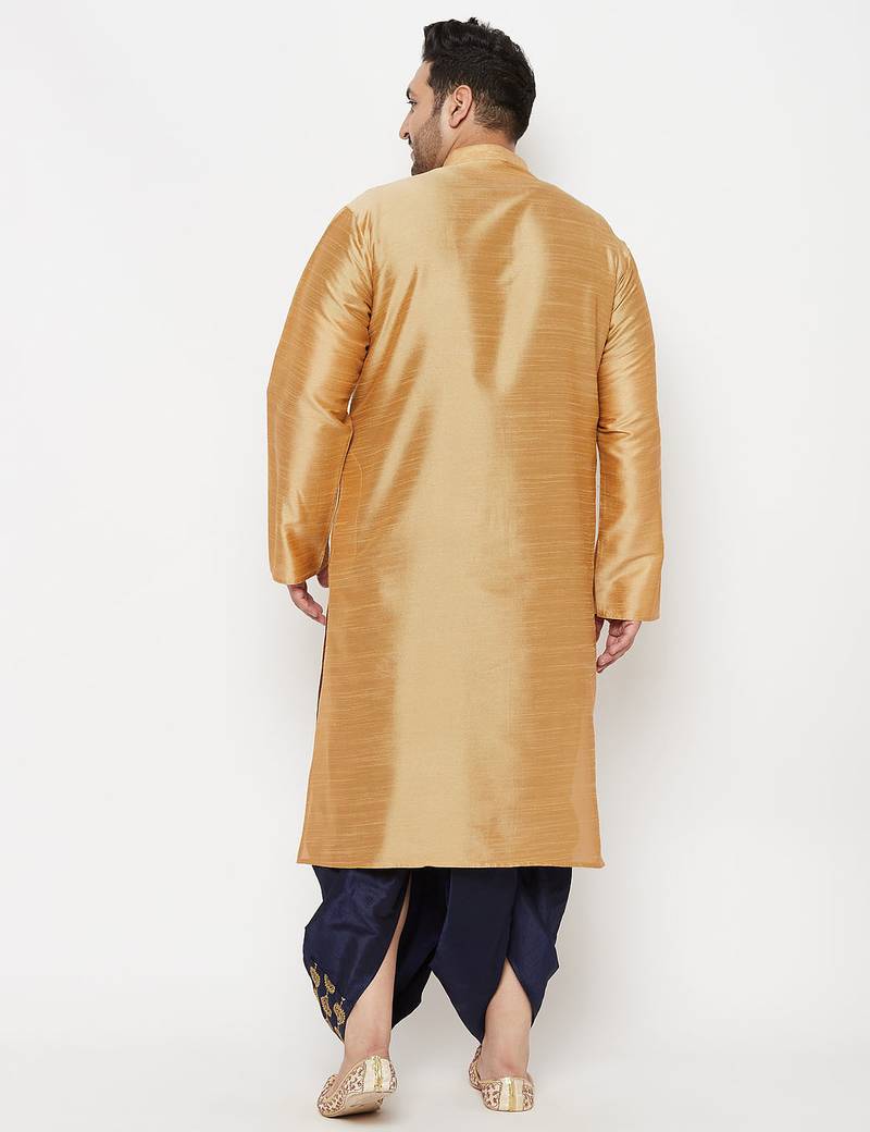 Men's rose gold and navy blue silk blend kurta and dhoti set