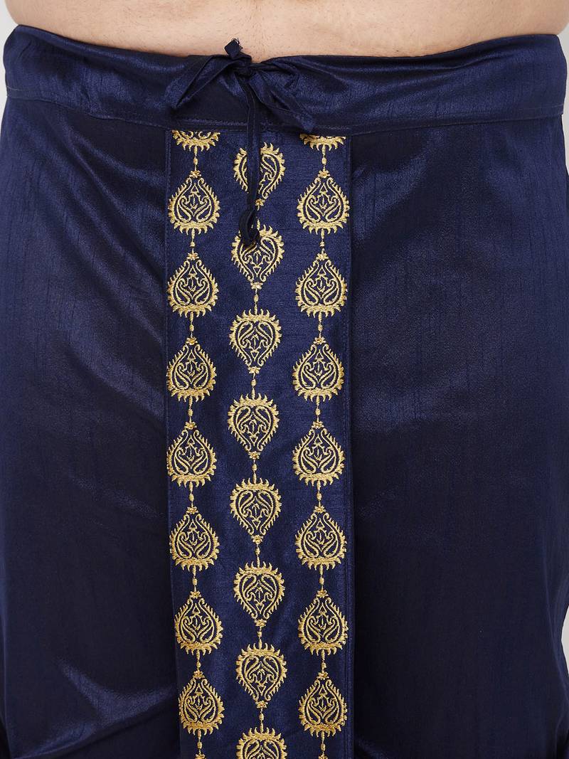 Men's rose gold and navy blue silk blend kurta and dhoti set