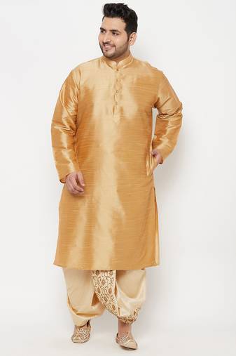 Men's rose gold and gold silk blend kurta and dhoti set