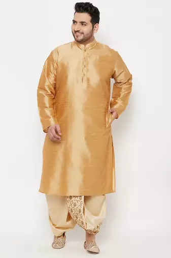 Men's rose gold and gold silk blend kurta and dhoti set