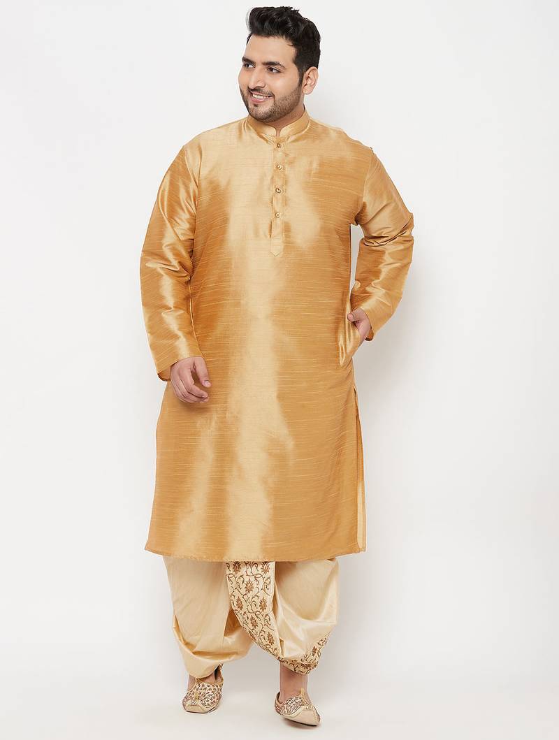 Men's rose gold and gold silk blend kurta and dhoti set