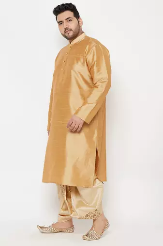 Men's rose gold and gold silk blend kurta and dhoti set