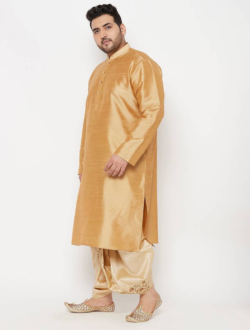Men's rose gold and gold silk blend kurta and dhoti set