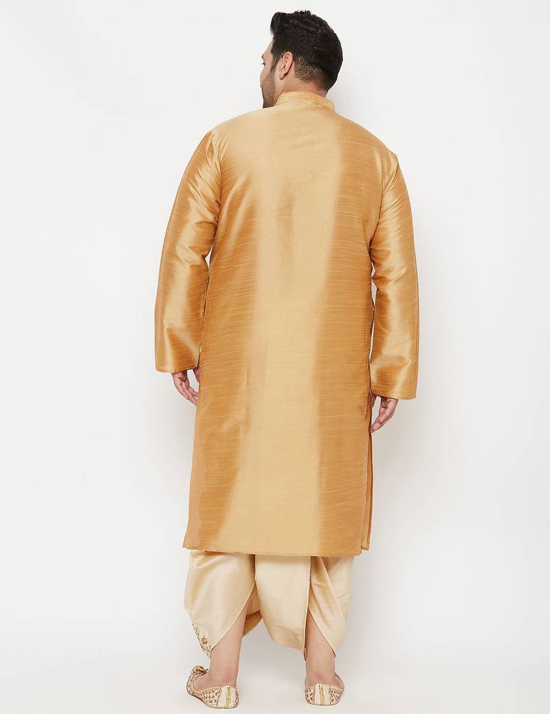 Men's rose gold and gold silk blend kurta and dhoti set