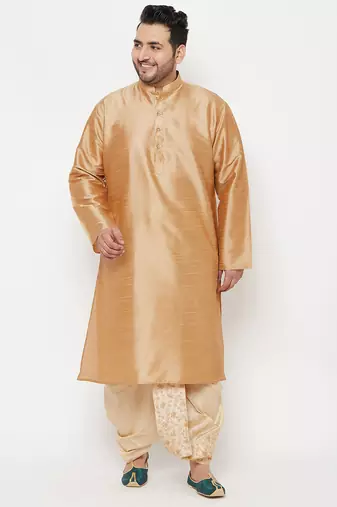 Men's rose gold and gold silk blend kurta and dhoti set