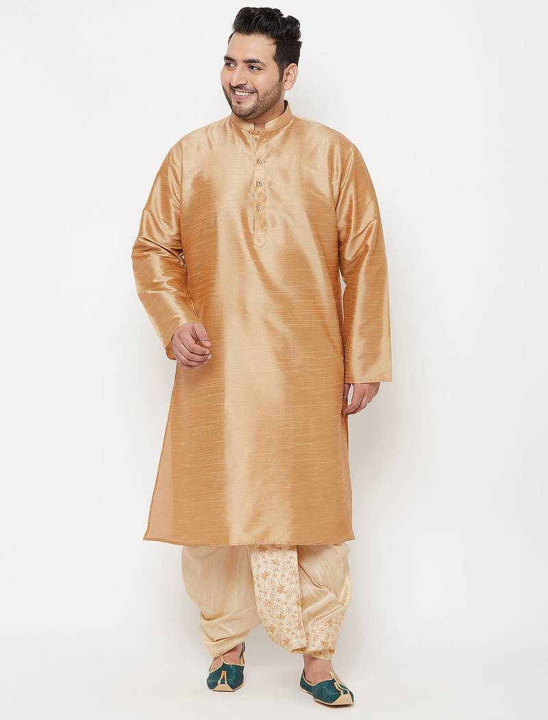 Men's rose gold and gold silk blend kurta and dhoti set
