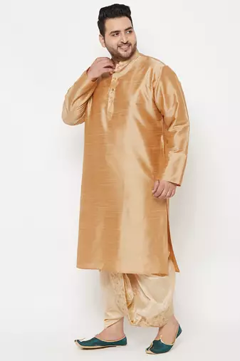 Men's rose gold and gold silk blend kurta and dhoti set