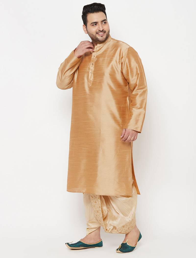 Men's rose gold and gold silk blend kurta and dhoti set